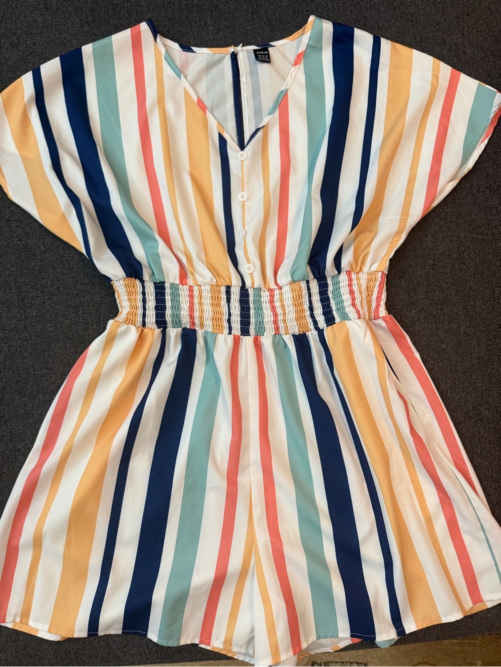 She-in Striped Multicolor V-Neck Romper with Smocked Waist